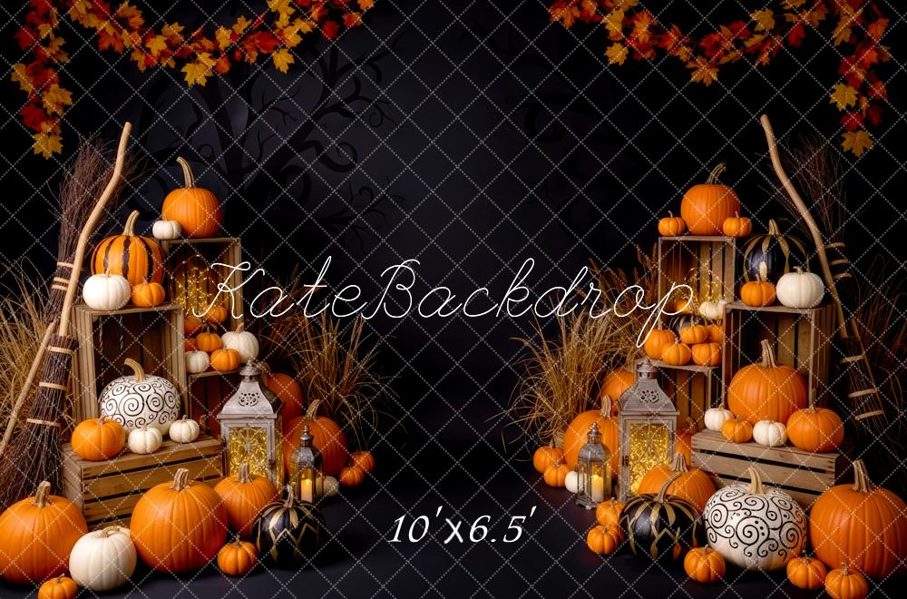 Kate Halloween Pumpkins Crates Autumn Leaves Backdrop Designed by Patty Robert