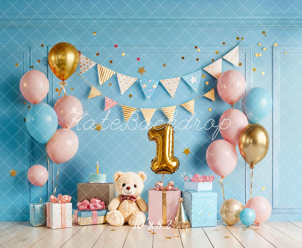 Kate 1st Birthday Blue Balloons Gift Backdrop Designed by Chain Photography