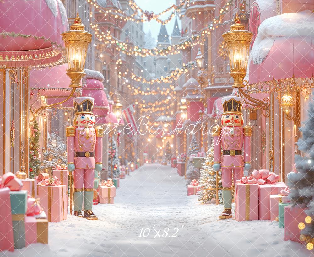 Kate Christmas Nutcracker Pink Gifts Snowy Street Backdrop Designed by Emetselch -UK