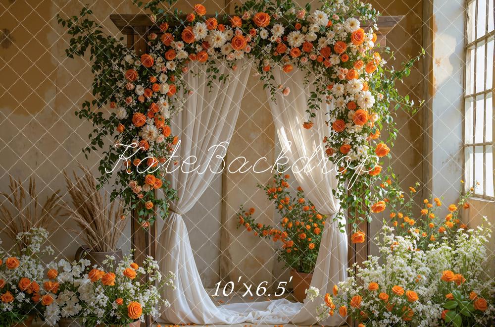 Kate Flower Arch Orange White Flowers Drapes Backdrop Designed by Mini MakeBelieve -UK