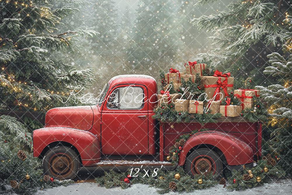 Kate Christmas Truck Snowy Pine Trees Fleece Backdrop Designed by Emetselch -UK