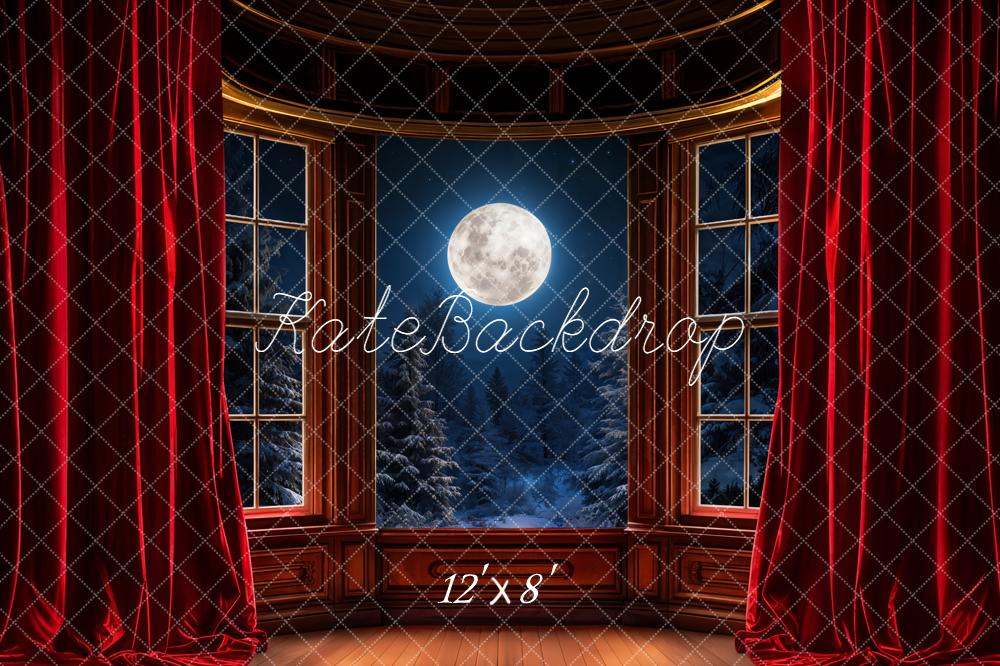 Kate Christmas Window Full Moon Red Curtains Fleece Backdrop Designed by Emetselch -UK