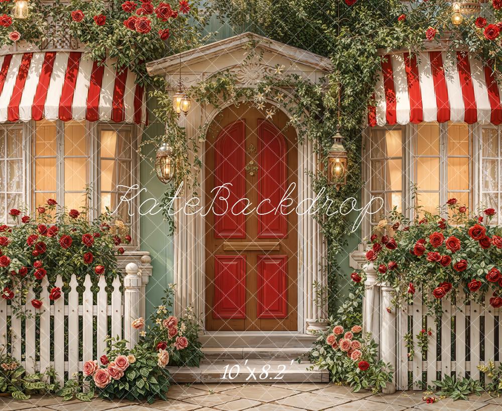 Kate Red Door Striped Awning Rose Garden Fleece Backdrop Designed by Emetselch -UK