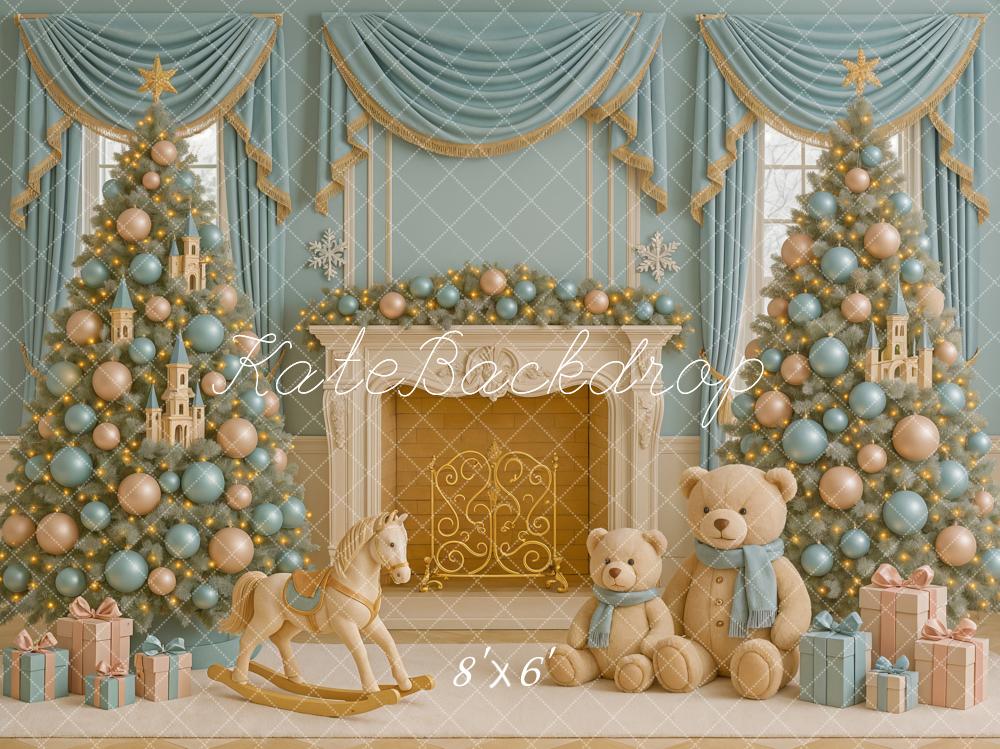 Kate Blue Gold Christmas Trees Fireplace Toys Backdrop Designed by Ashley Paul