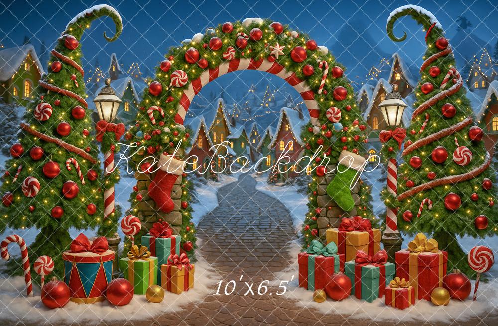 Kate Christmas Arch Candy Trees Presents Village Backdrop Designed by Ashley Paul