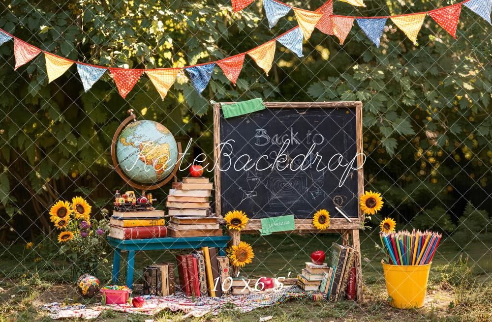 Kate Back To School Blackboard Globe Books Backdrop Designed by Emetselch -UK