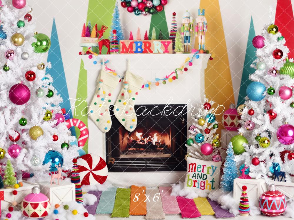 Kate Christmas Fireplace Bright Decorations Backdrop Designed by Mandy Ringe Photography -UK