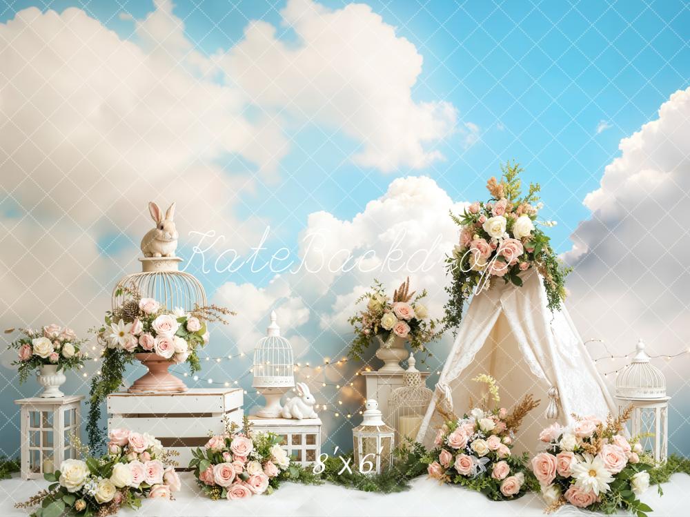 Kate Easter Bunny Tent Floral Clouds Backdrop Designed by Emetselch