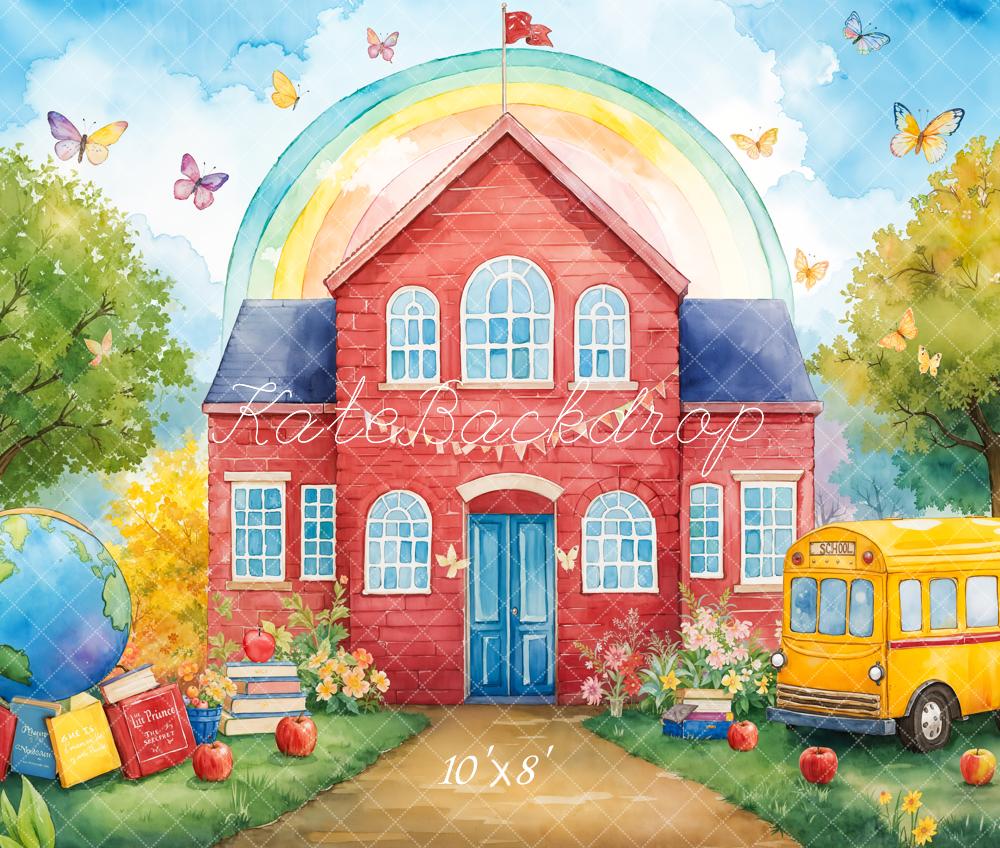 Kate Back to School Red Schoolhouse Rainbow Fleece Backdrop Designed by Emetselch -UK
