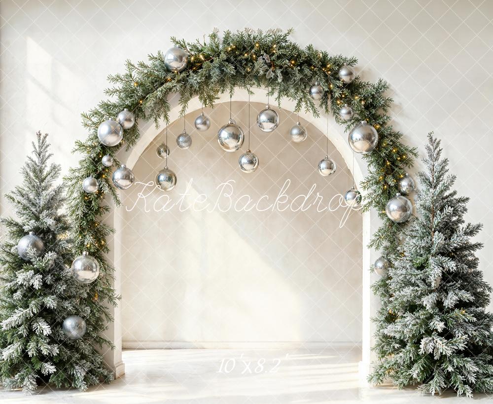 Kate Christmas Arch Silver Baubles Frosted Trees Backdrop Designed by Emetselch