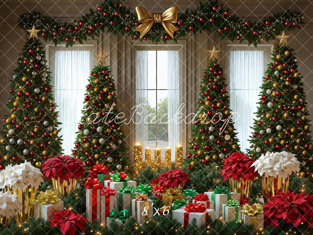 Kate Christmas Trees Presents Poinsettias Garland Backdrop Designed by Mini MakeBelieve