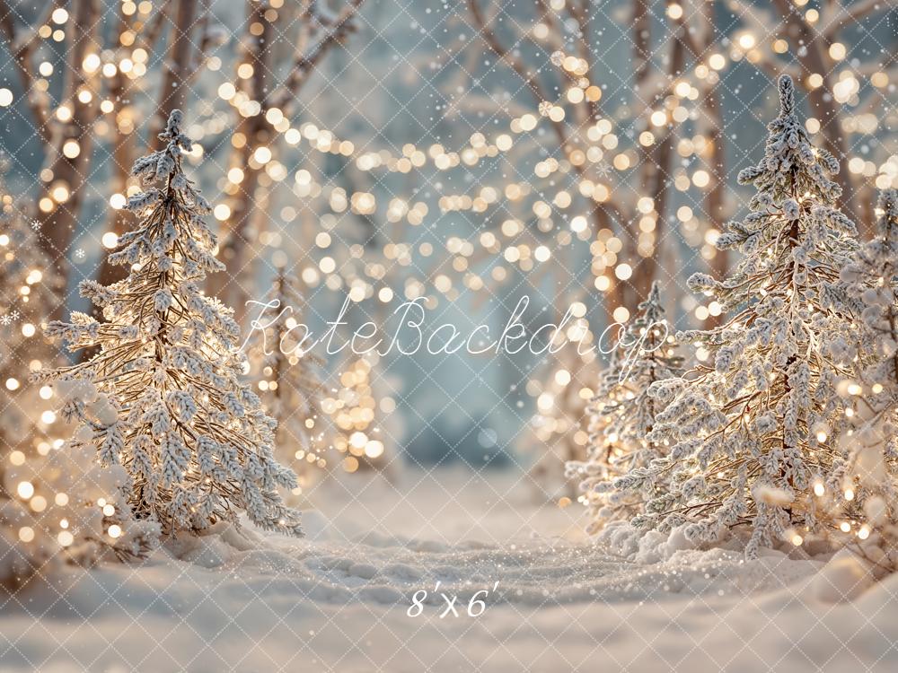 Kate Winter Snow Trees Fairy Lights Backdrop Designed by Emetselch