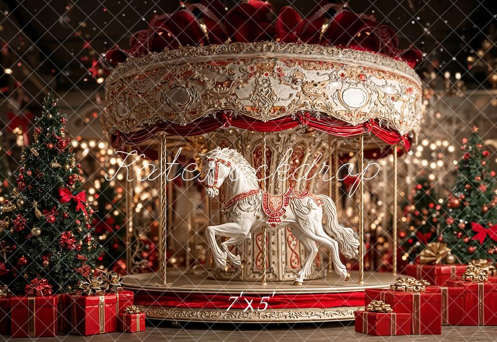 Kate Carousel Christmas Tree Red Gifts Backdrop Designed by Emetselch