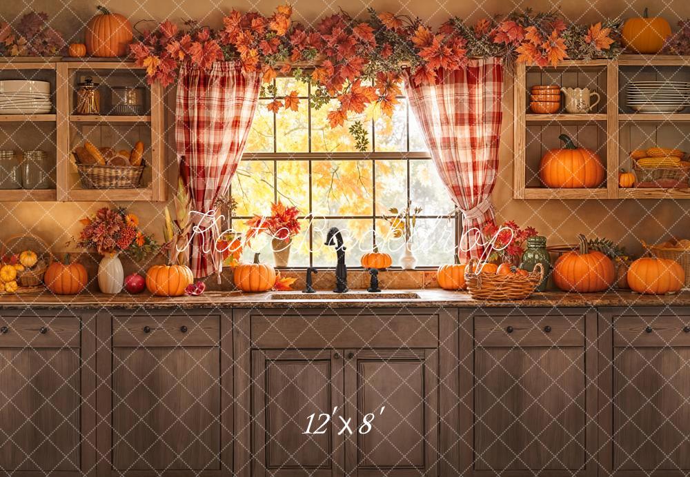 Kate Autumn Kitchen Window Pumpkins Fleece Backdrop Designed by Emetselch -UK