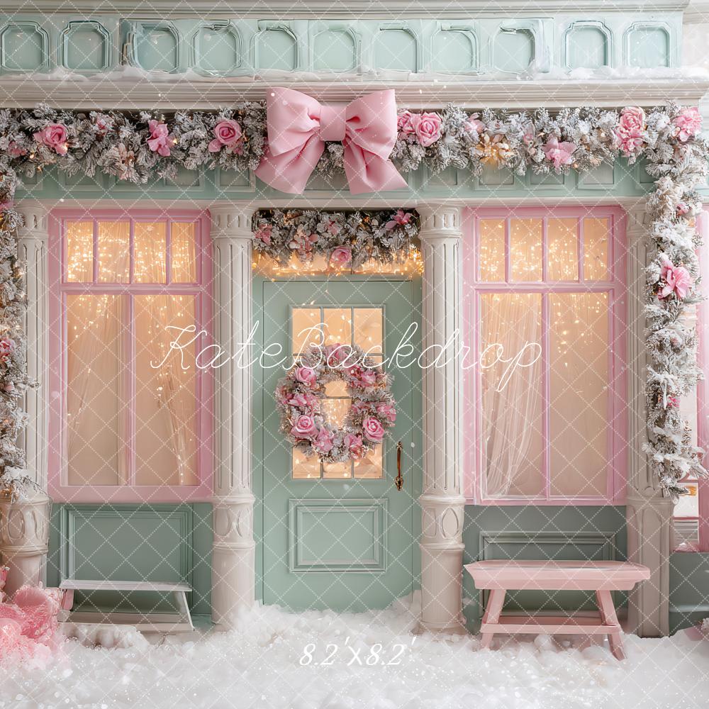Kate Christmas Pink Bow Garland Shop Front Backdrop Designed by Ashley Paul