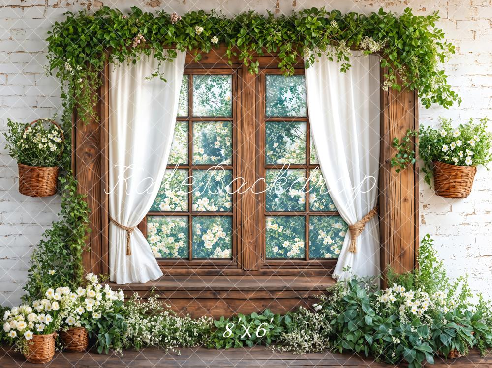 Kate Spring Wooden Window Green Leaves Fleece Backdrop Designed by Emetselch -UK