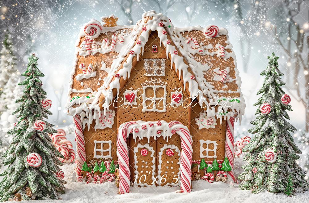 Kate Christmas Gingerbread House Candy Trees Snowy Backdrop Designed by Chain Photography -UK