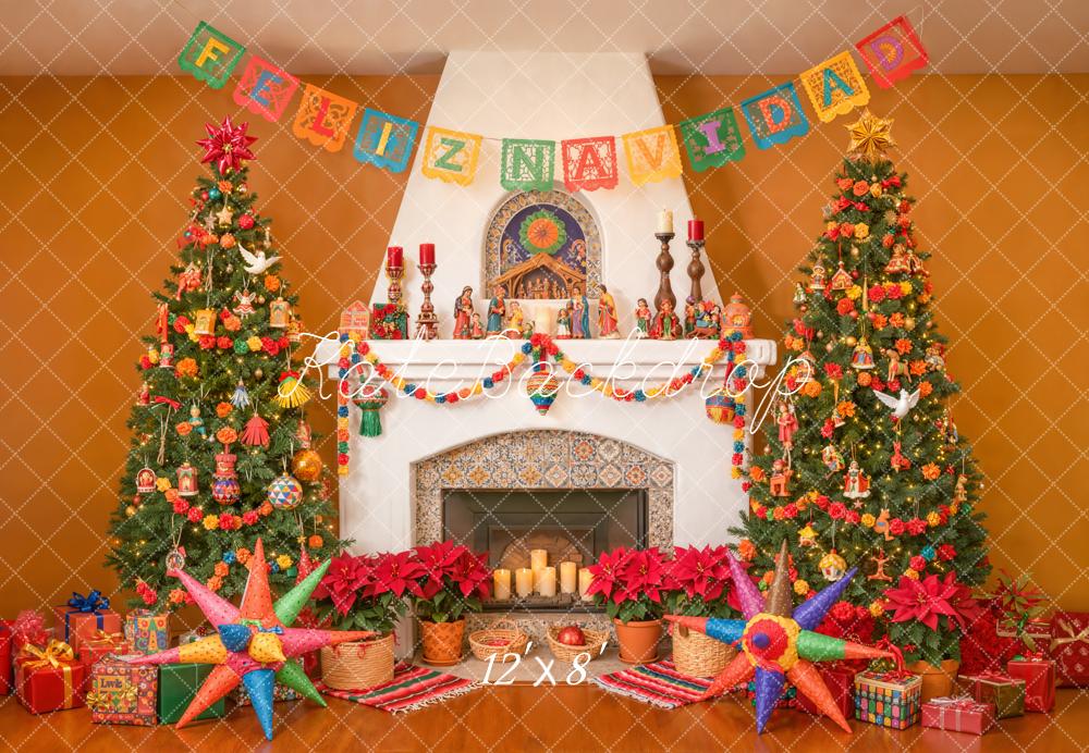 Kate Christmas Fireplace Trees Piñatas Fleece Backdrop Designed by Emetselch -UK