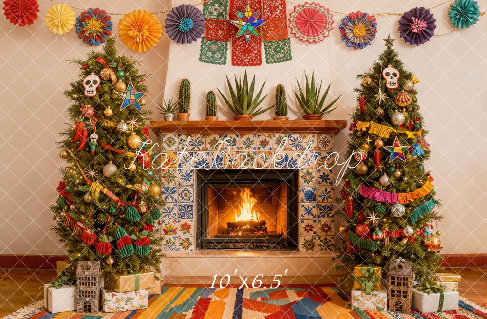 Kate Christmas Fireplace Papel Picado Trees Backdrop Designed by Emetselch -UK