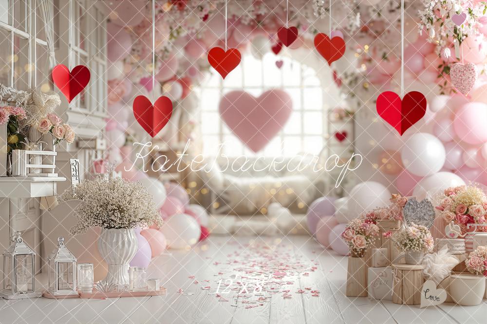 Kate Valentine Hearts Balloons Floral Pink Backdrop Designed by Emetselch