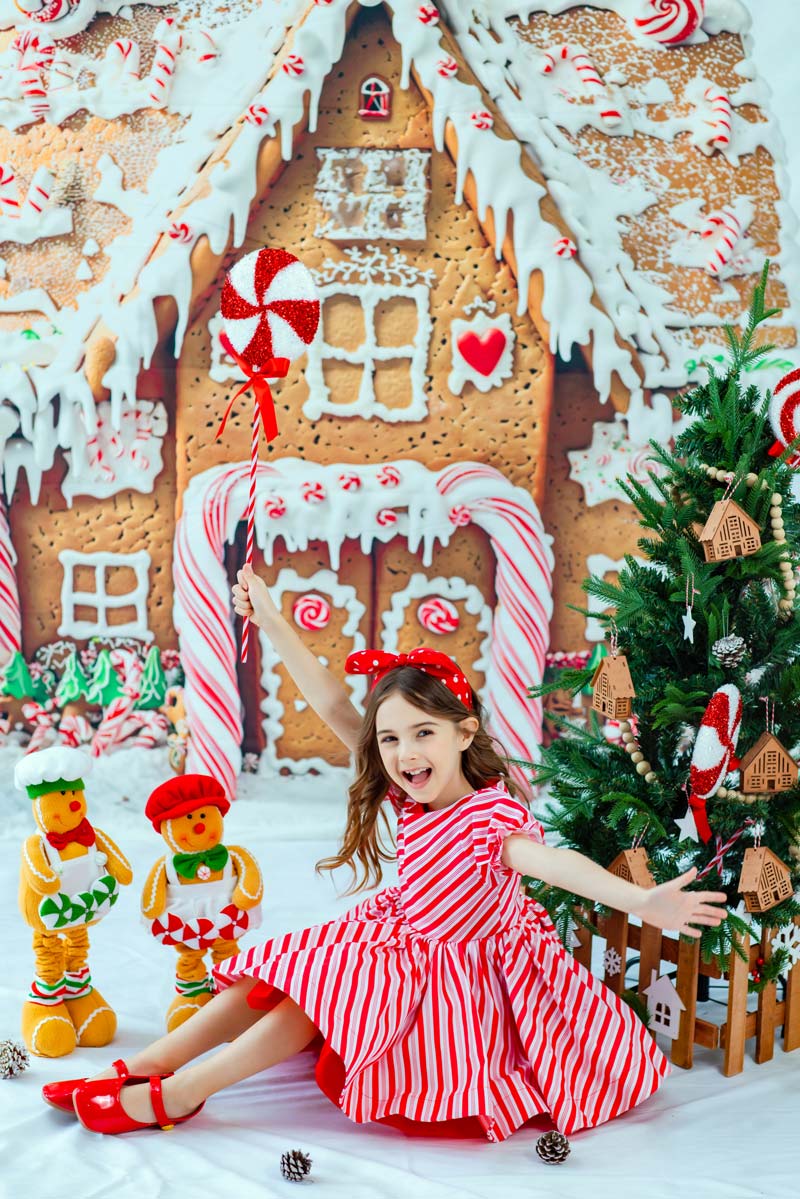 Kate Christmas Gingerbread House Candy Trees Snowy Backdrop Designed by Chain Photography -UK