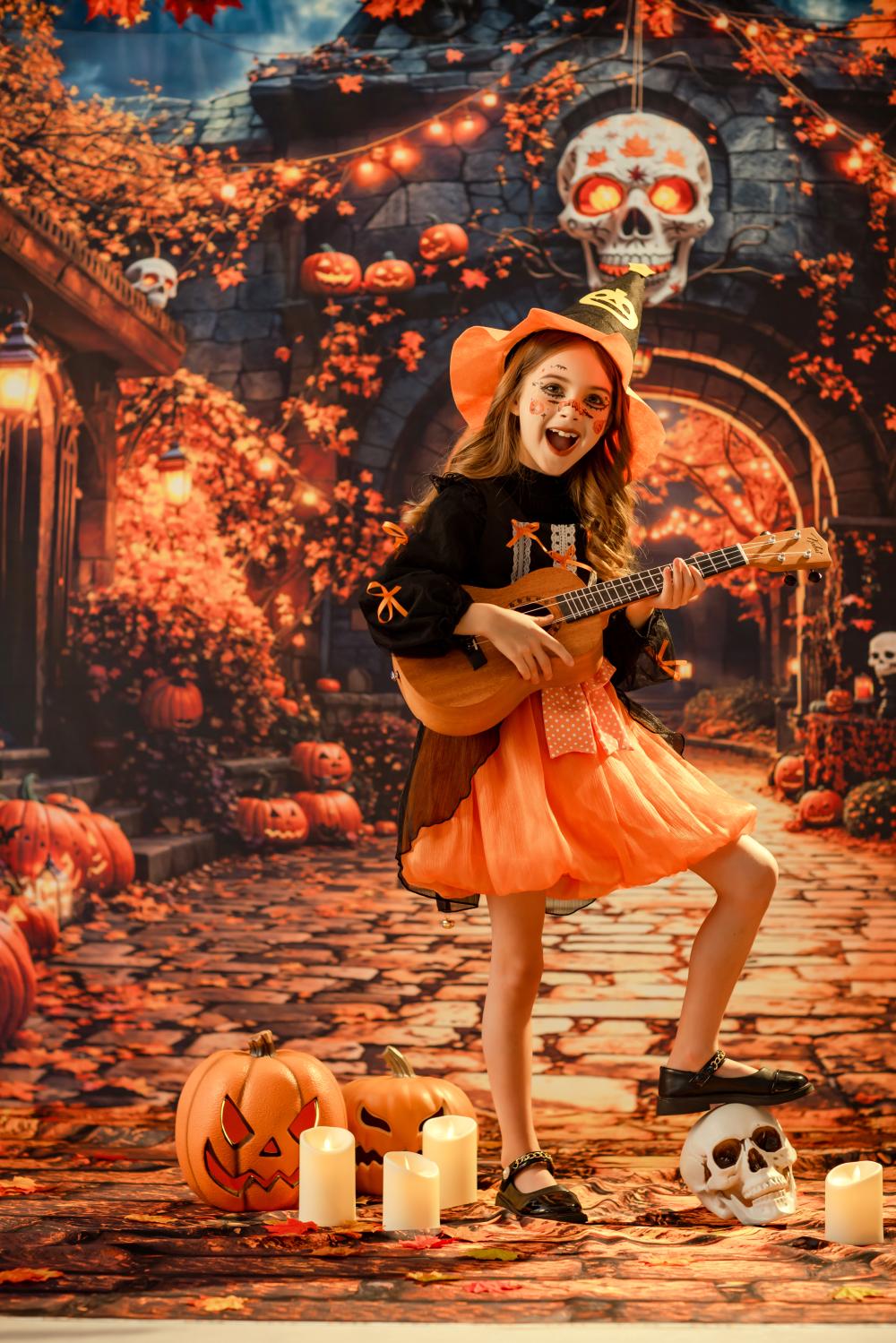 Kate Halloween Pumpkins Skull Cobblestone Path Backdrop Designed by Emetselch -UK