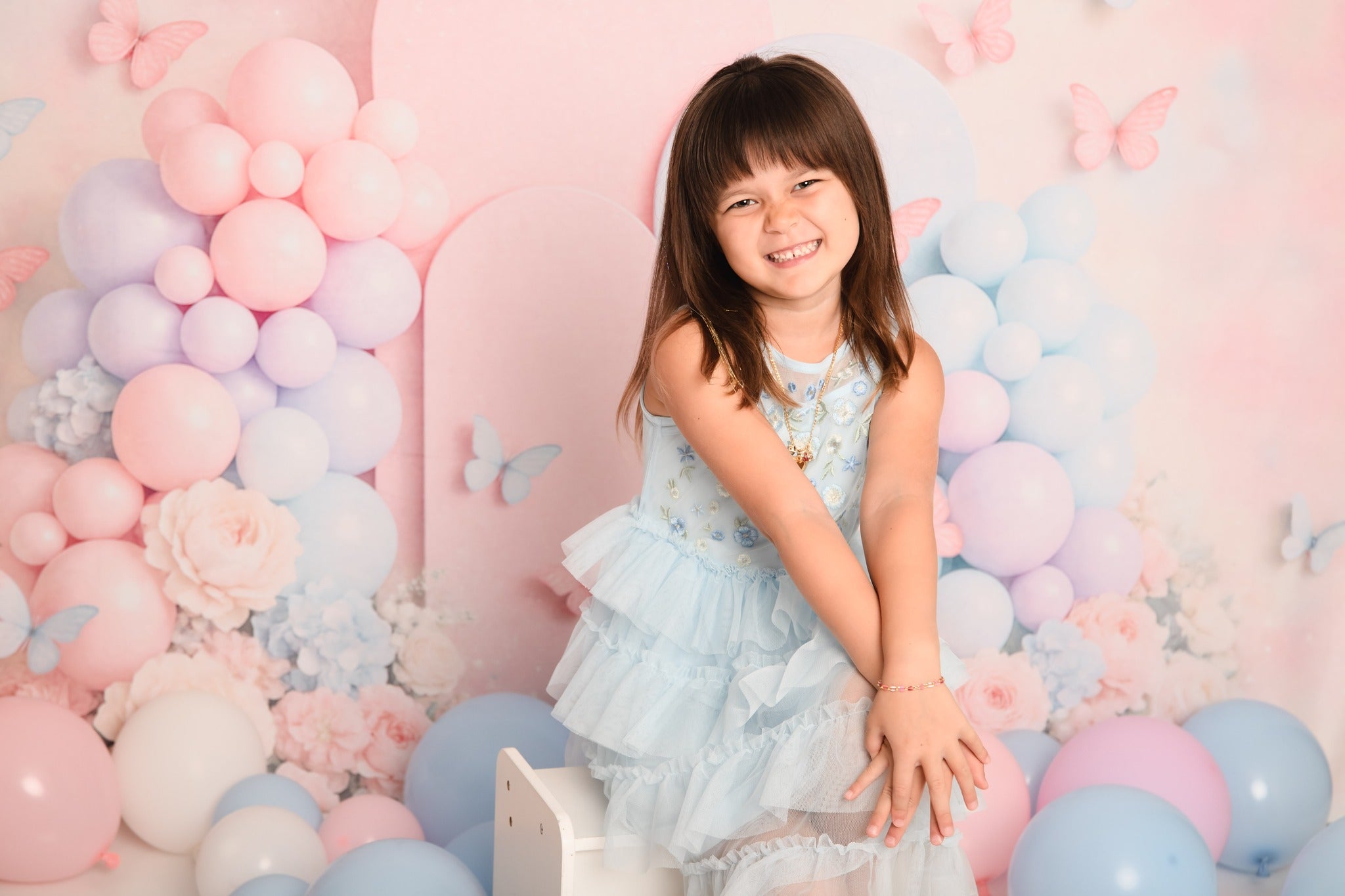 Kate Cake Smash Pastel Balloon Floral Butterfly Backdrop Designed by Ashley Paul -UK