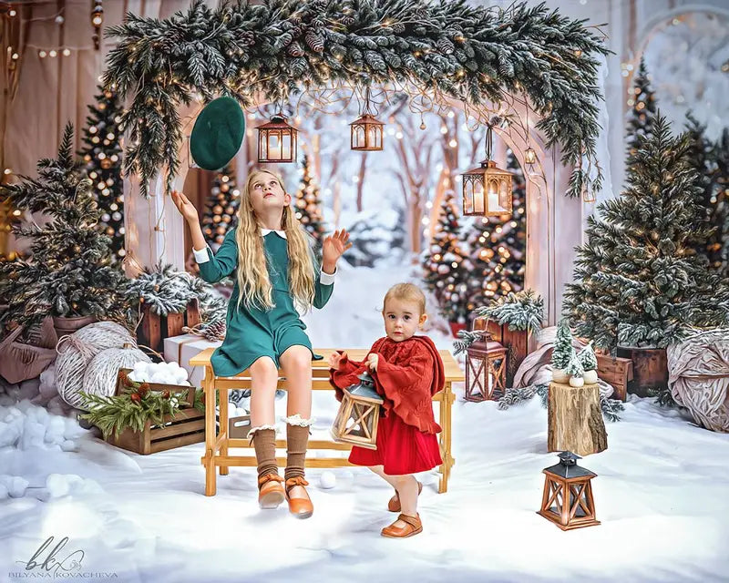 Kate Christmas Arch Garland Snow Trees Backdrop Designed by Emetselch -UK