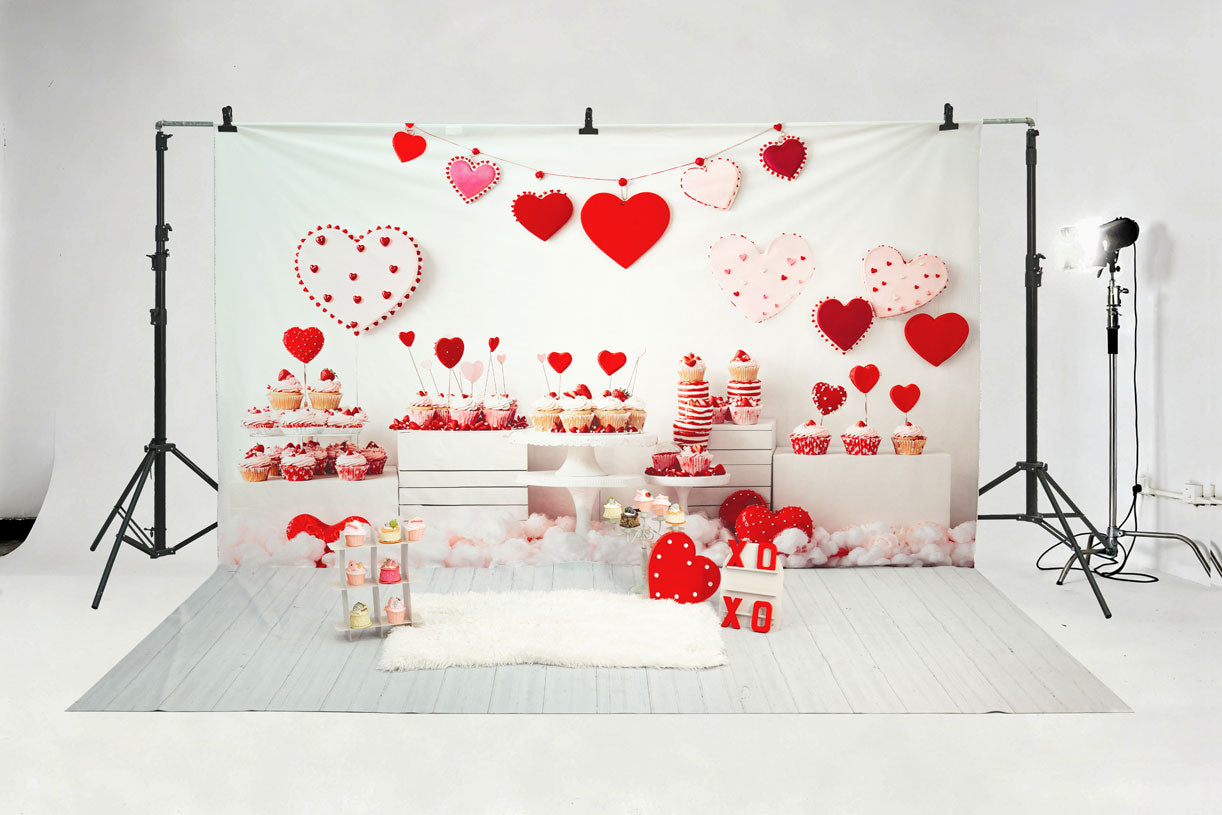Kate Valentine Heart Dessert Cupcake Backdrop+White Gray Wood Floor Backdrop