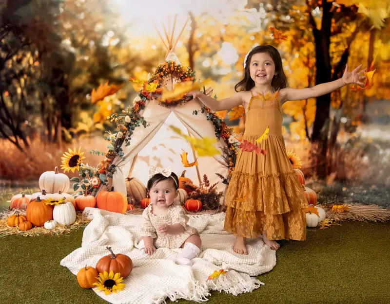 Kate Autumn White Teepee Sunflowers Pumpkins Backdrop Designed by Patty Robert -UK