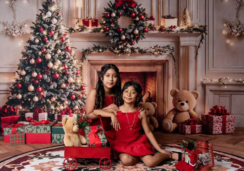 Kate Christmas Tree Fireplace Backdrop+Round Retro Floral Rug Floor Backdrop