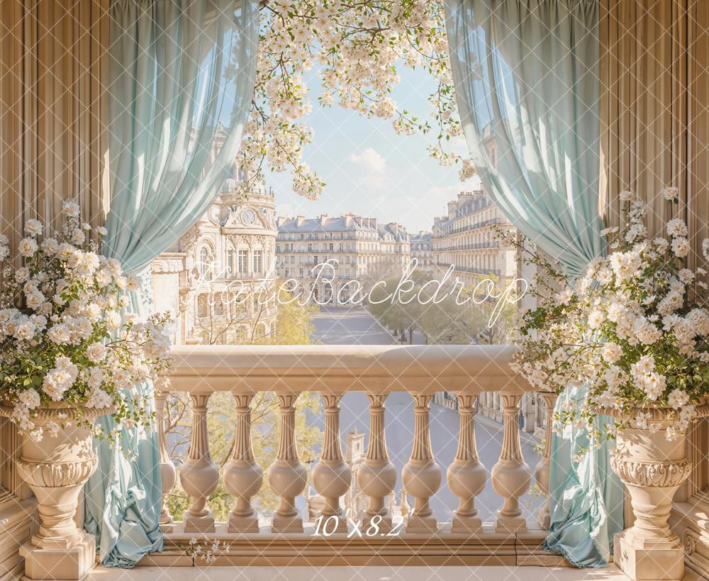 Kate Spring Balcony Cityscape Blue Curtains Backdrop Designed by Emetselch