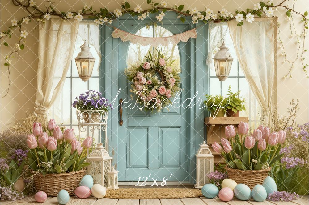 Kate Easter Pastel Eggs Blue Door Fleece Backdrop Designed by Emetselch -UK