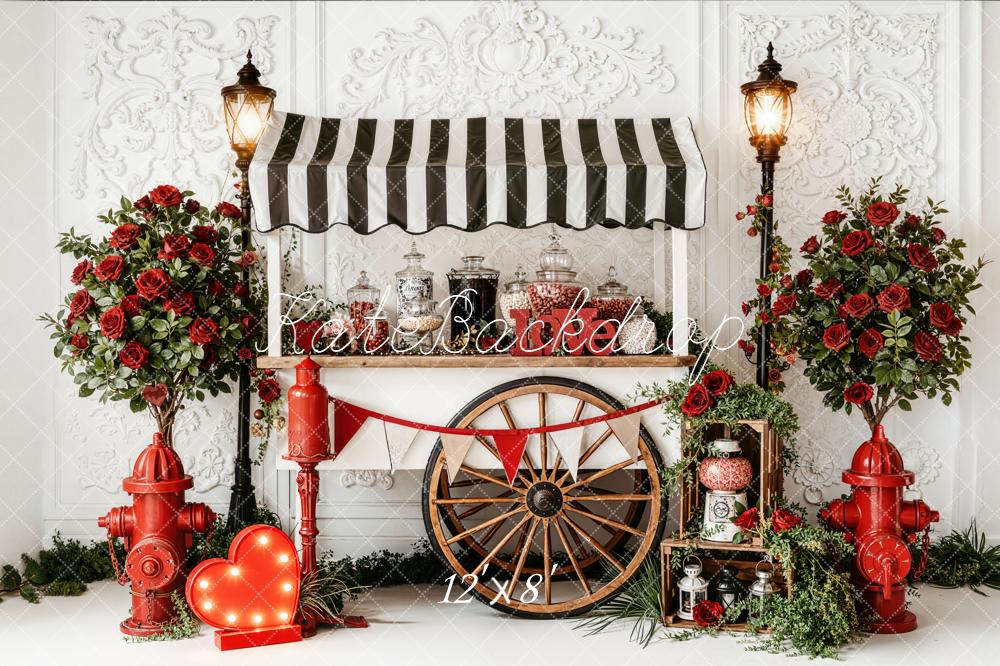 Kate Valentine Candy Cart Fire Hydrant Roses Fleece Backdrop Designed by Emetselch -UK