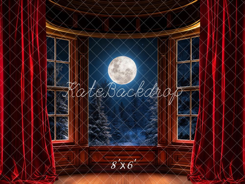 Kate Christmas Window Full Moon Red Curtains Fleece Backdrop Designed by Emetselch -UK