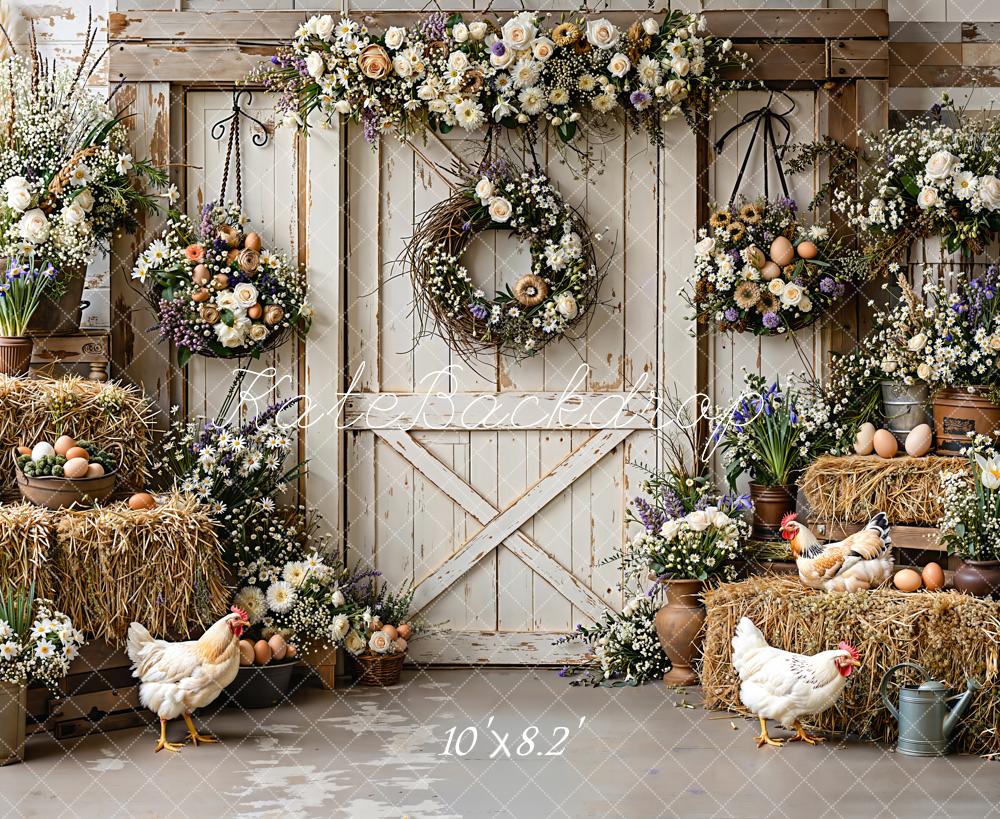 Kate Farmhouse Eggs Hay Wreaths Fleece Backdrop Designed by Emetselch -UK