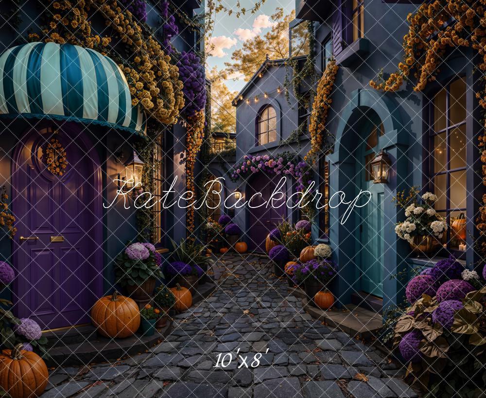 Kate Halloween Cobblestone Alley Pumpkins Purple Fleece Backdrop Designed by Emetselch -UK