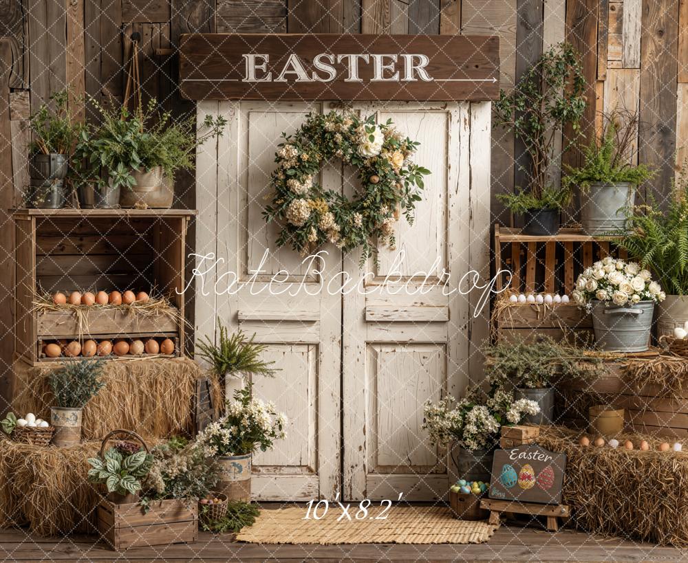 On Sale Kate Easter Rustic Door Hay Eggs Backdrop Designed by Emetselch