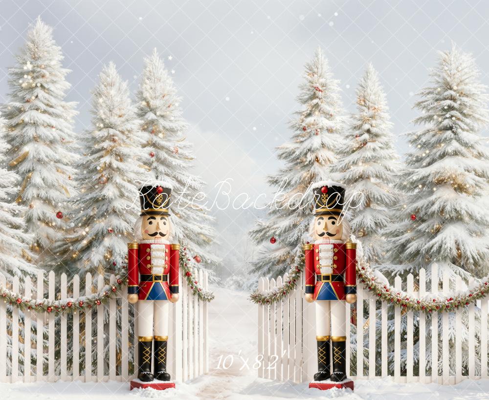 Kate Christmas Nutcracker Snowy Trees Fence Backdrop Designed by Emetselch