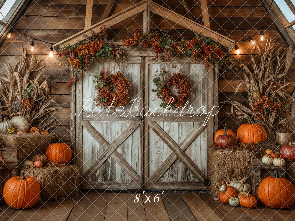 Kate Autumn Barn Door Pumpkins Hay Backdrop Designed by Emetselch