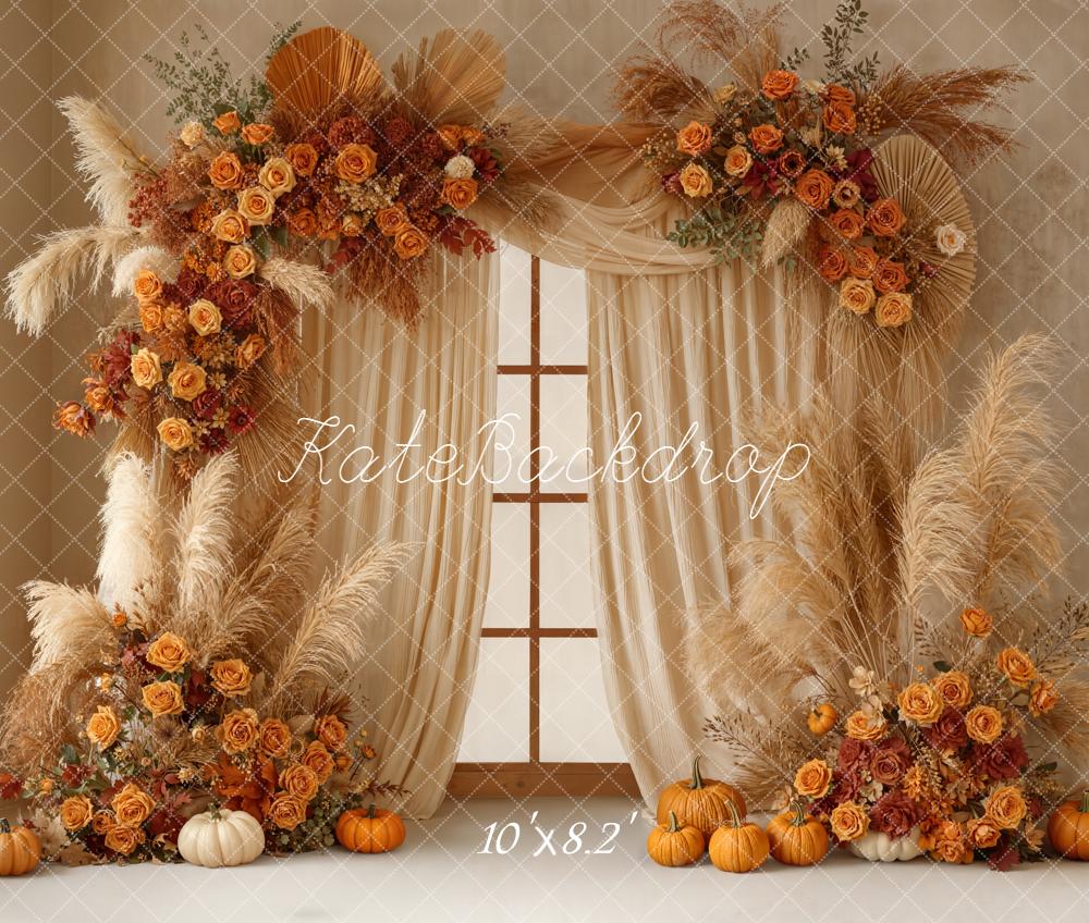 Kate Autumn Floral Arch Pumpkins Window Fleece Backdrop Designed by Emetselch -UK