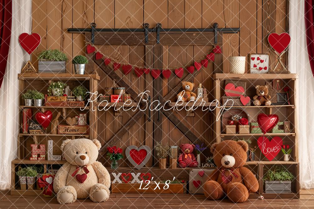 Kate Valentine Teddy Bears Wooden Shelves Fleece Backdrop Designed by Emetselch