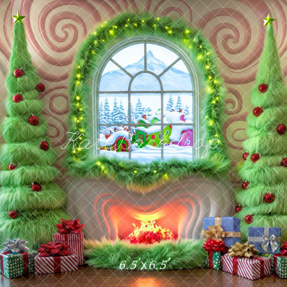 Kate Christmas Green Trees Fireplace Window Backdrop Designed by Mini MakeBelieve