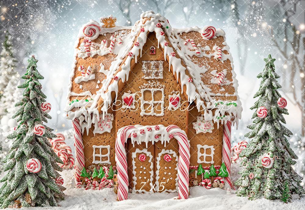 Kate Christmas Gingerbread House Candy Trees Snowy Backdrop Designed by Chain Photography -UK