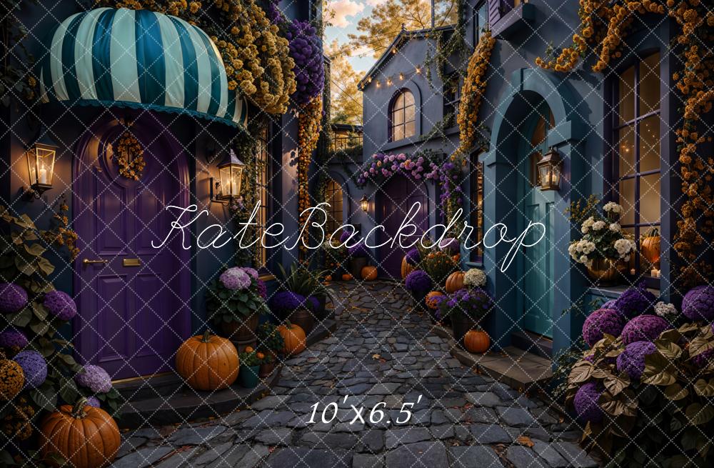 Kate Halloween Cobblestone Alley Pumpkins Purple Fleece Backdrop Designed by Emetselch -UK