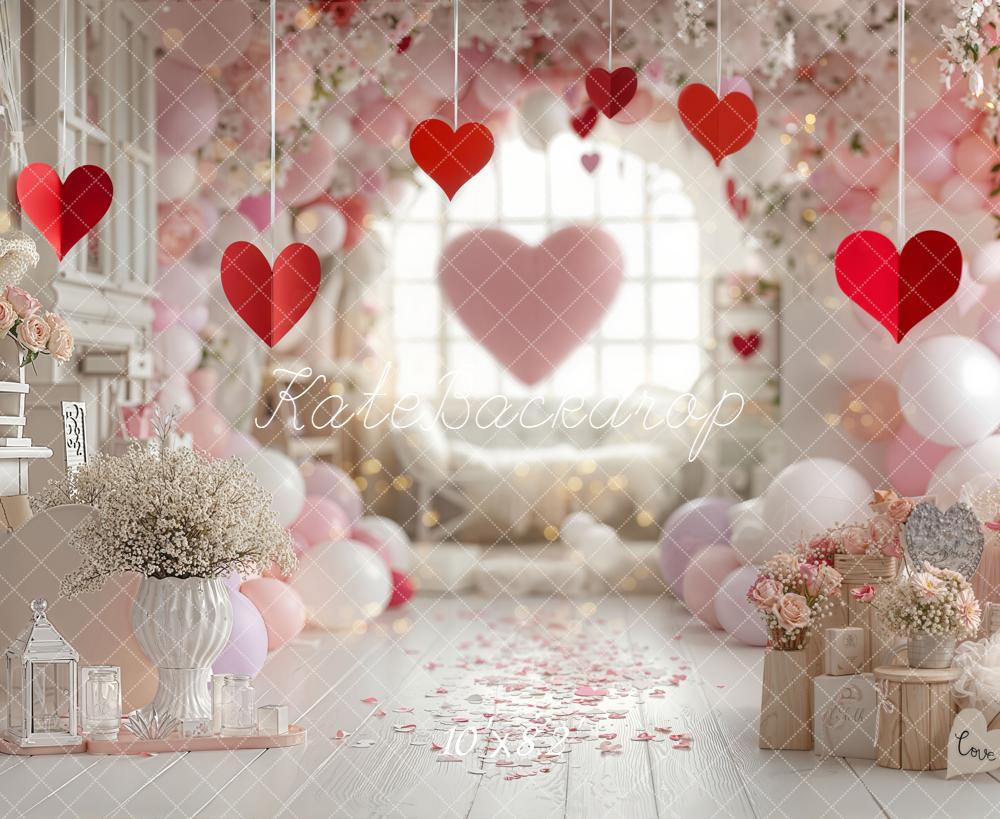 Kate Valentine Hearts Balloons Floral Pink Backdrop Designed by Emetselch
