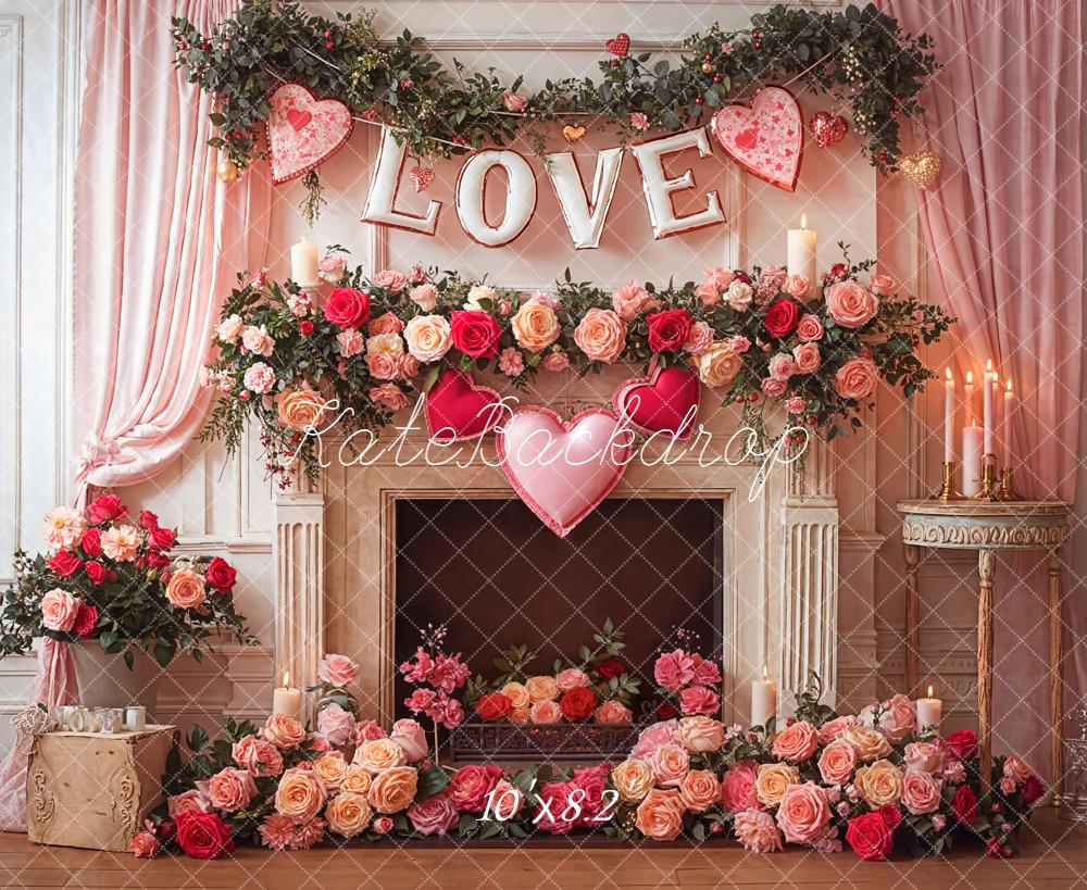 Kate Valentine Love Fireplace Roses Garland Backdrop Designed by Emetselch