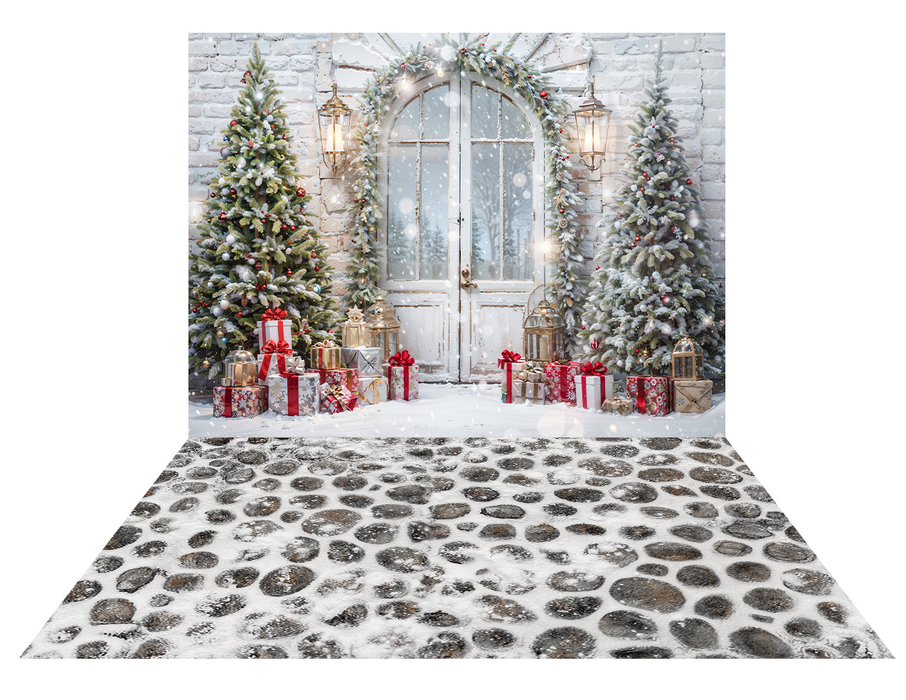Kate Christmas Snow Tree Door Backdrop+Cobblestone Winter Snow Floor Backdrop