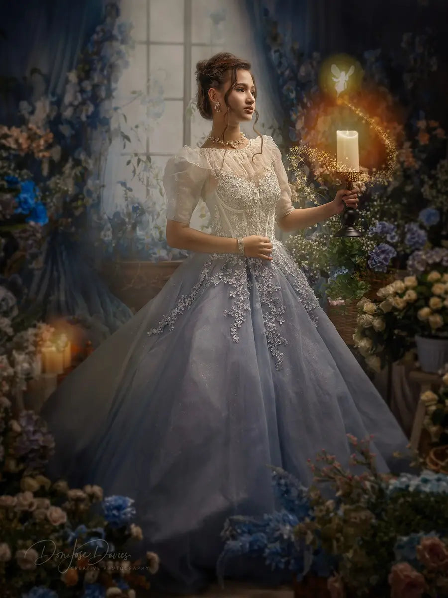 Kate Blue Flower Curtain Window Room Spring Fleece Backdrop Designed by Emetselch -UK