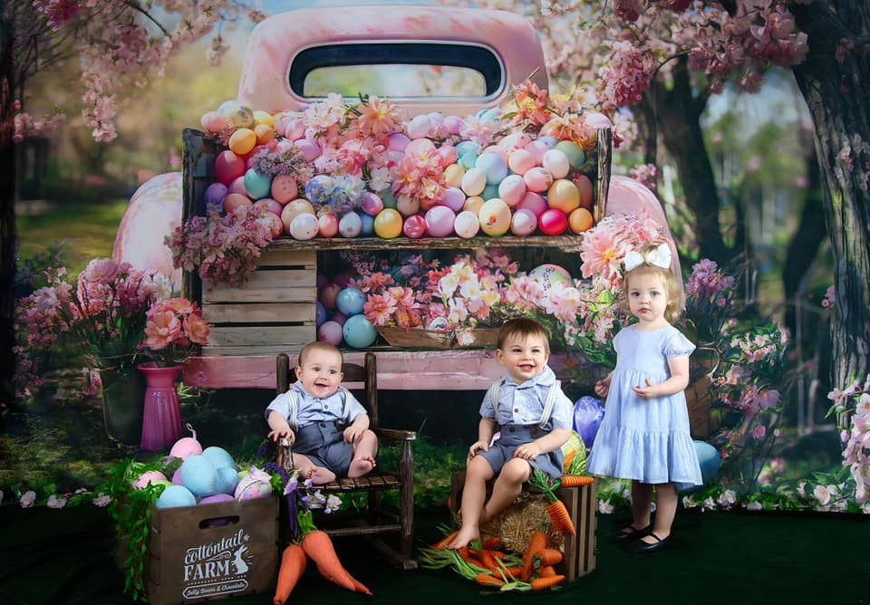 Kate Spring Pink Truck Colorful Easter Egg Backdrop Designed by Emetselch